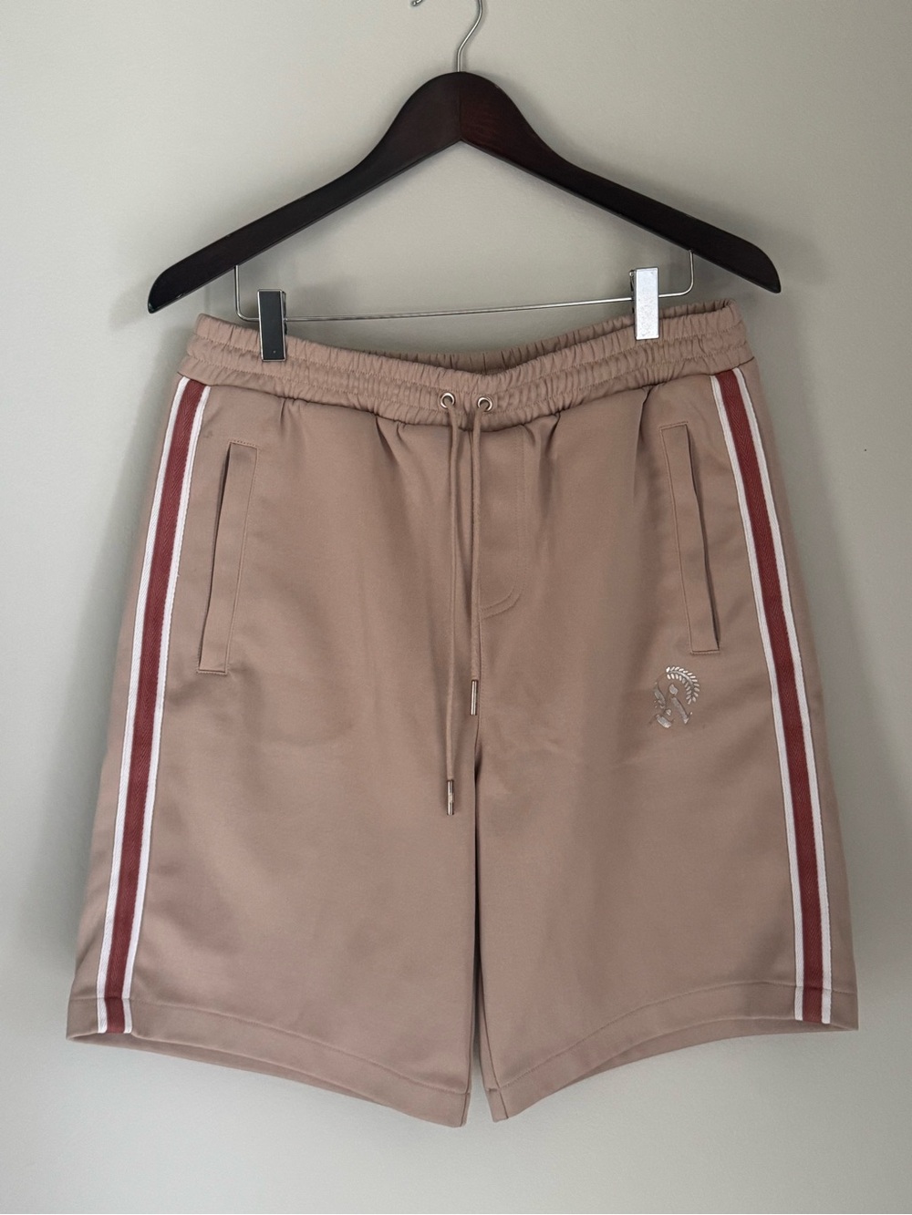 Kith Men's Taupe Athletic Shorts with Red and White Side Stripes